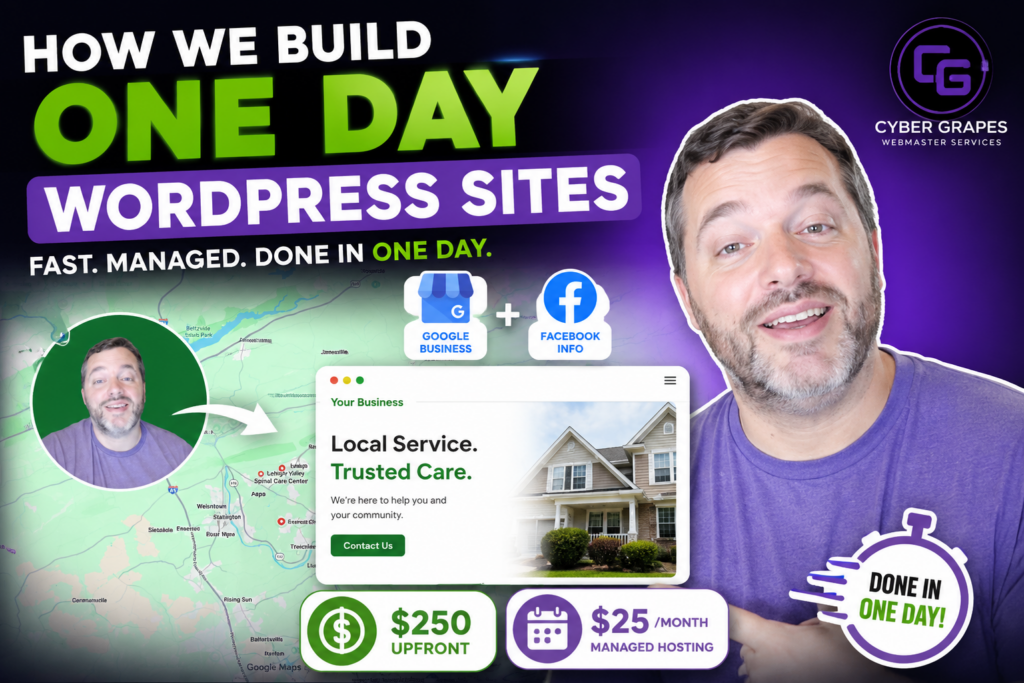 Featured image for the Cyber Grapes blog post "How We Build One Day WordPress Sites, 2026"