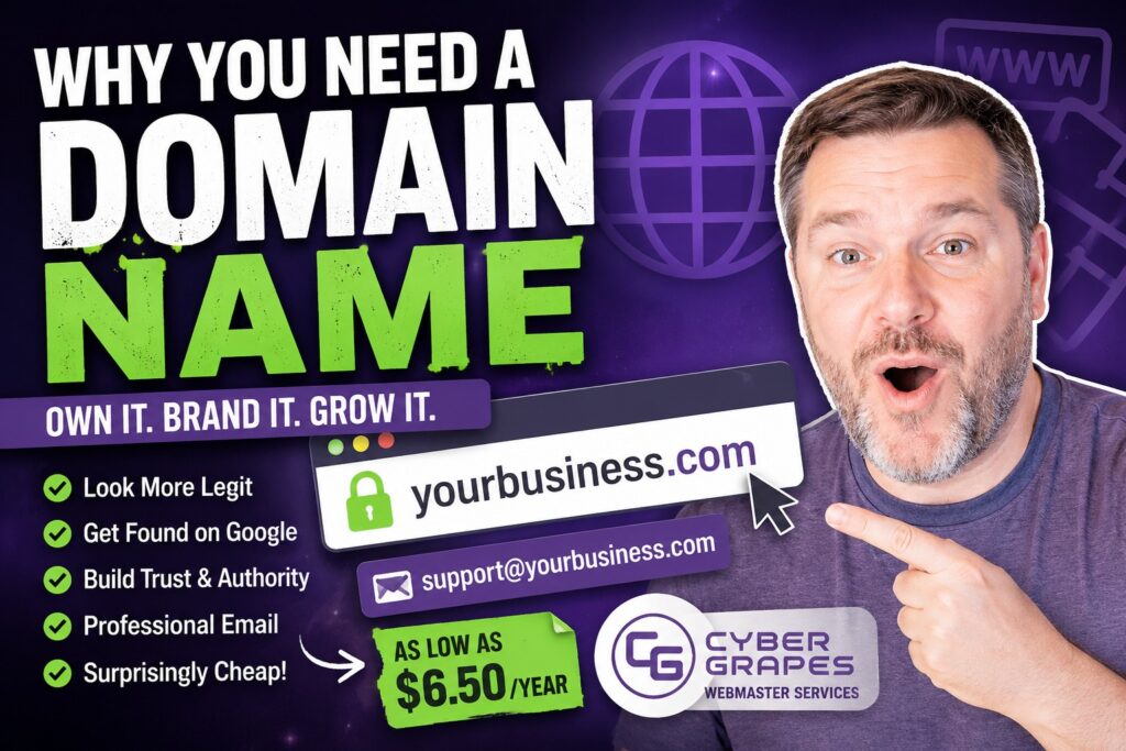 Featured image for the Cyber Grapes blog post "Why Do I Need a Domain Name? | Cyber Grapes Webmaster Services"