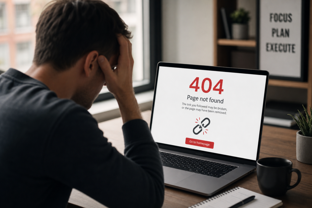Frustrated person holding their head while viewing a 404 page not found error - Cyber Grapes