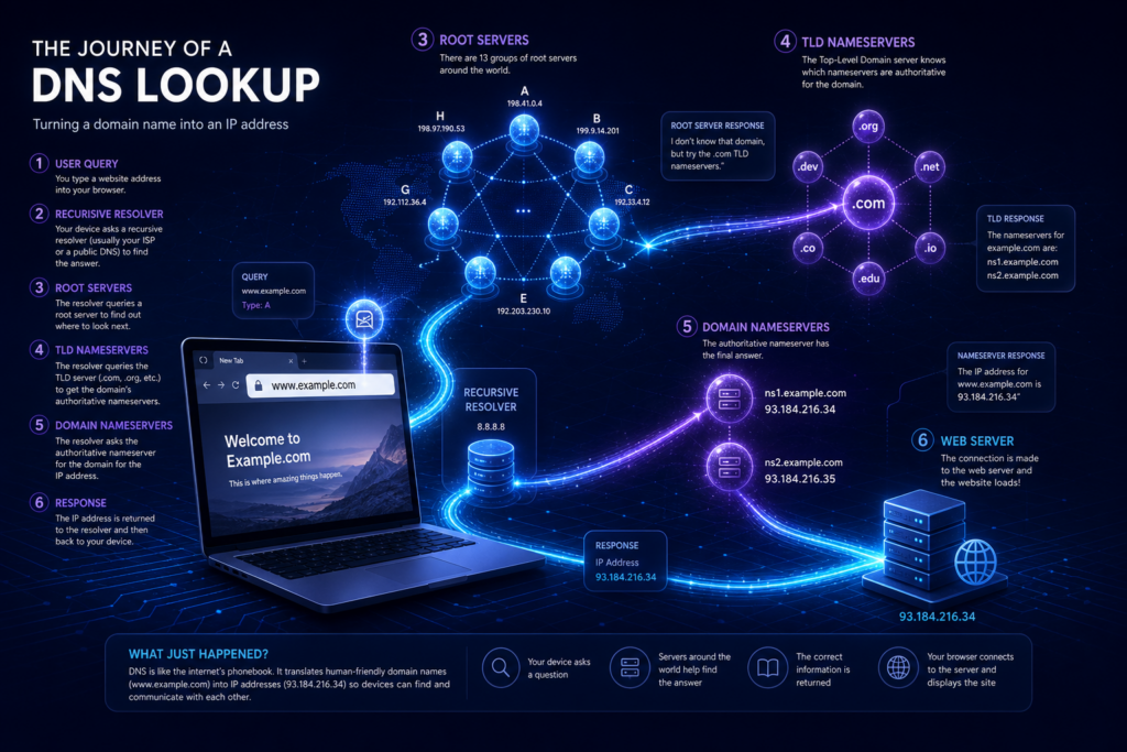 Infographic showing the 6 step journey of a dns lookup from user query through - Cyber Grapes