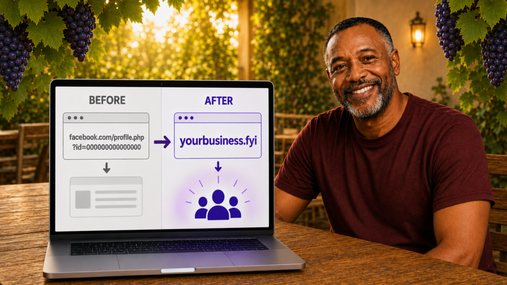 A smiling business owner sitting beside an open laptop showing a browser address bar with a domain name forwarding to a web page