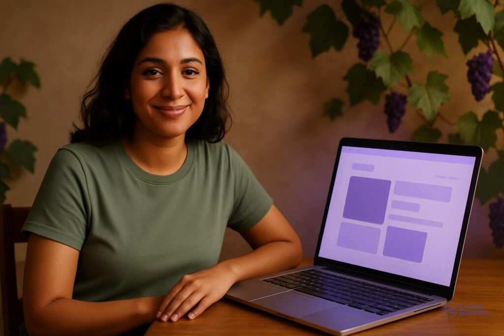 Woman sitting beside an open laptop showing a website layout, illustrating readable line spacing on a WordPress page