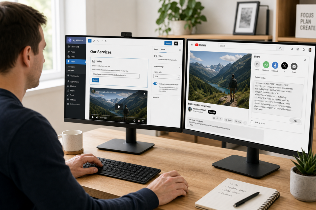 Person at a dual monitor desk embedding a youtube video into a wordpress page - Cyber Grapes