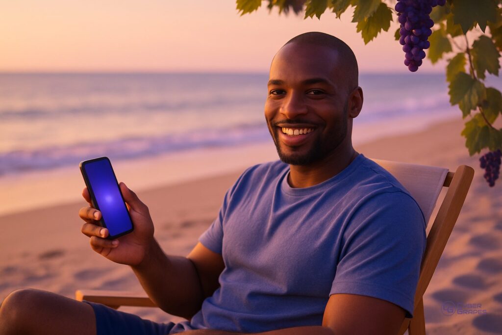 A smiling man in a blue shirt relaxes on a beach at golden hour, holding a mobile phone, with grape vines framing the corner of the frame