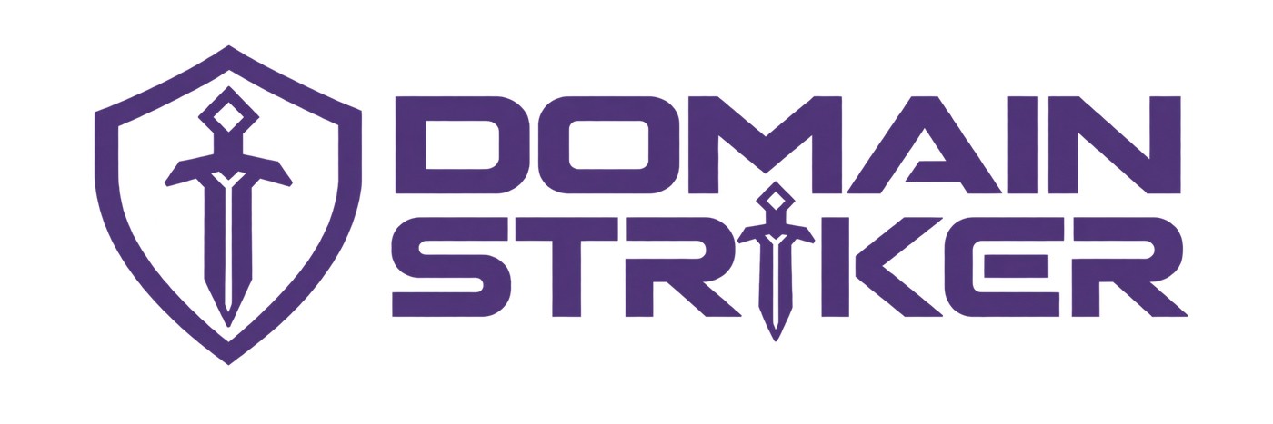 DomainStriker logo: a purple shield with a sword beside the words Domain Striker