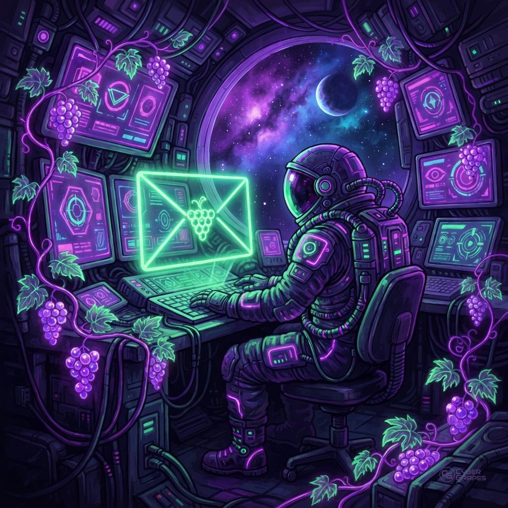 Illustrated cyberpunk astronaut at a glowing terminal with a floating green envelope sealed with a grape cluster, surrounded by grape vines and a purple nebula.