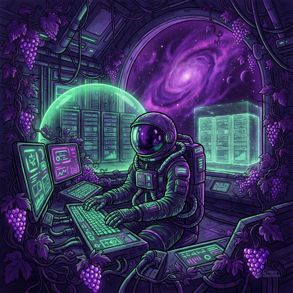 Illustrated cyberpunk astronaut at a terminal beside server racks under a glowing green dome, with a faint duplicate set of racks representing backups, among grape vines.